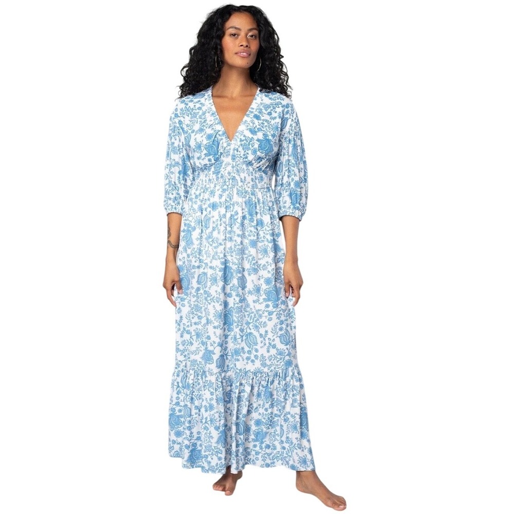 NWT Lovestitch Women Jade Maxi Dress Small Boho Smocked Waist V-neck Flowy Light